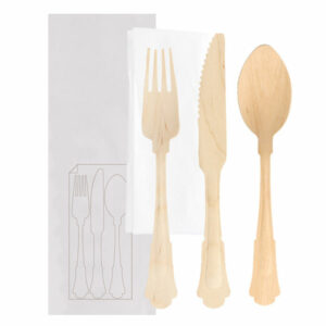 Set Fourchette, Couteau, Cuillère + Serviette 20cm Bois